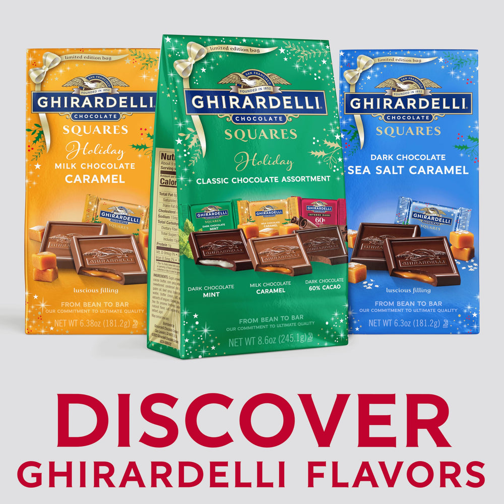 Ghirardelli 60 percent cacao dark chocolate SQUARES close-up, rich cocoa flavor for dessert trays.