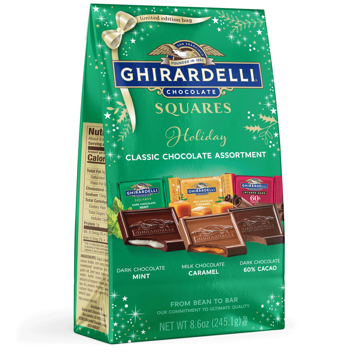 Ghirardelli Holiday Classic SQUARES bag front, festive packaging ideal for gifting.