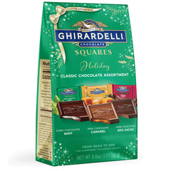 Ghirardelli Holiday Classic SQUARES bag front, festive packaging ideal for gifting.