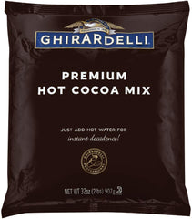 Ghirardelli hot cocoa mix 32oz pack front view highlighting premium chocolate.