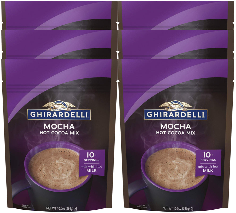 Ghirardelli hot cocoa mix mocha front view shows premium flavor and six-pack convenience.