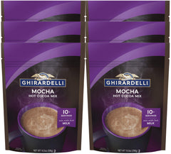 Ghirardelli hot cocoa mix mocha front view shows premium flavor and six-pack convenience.