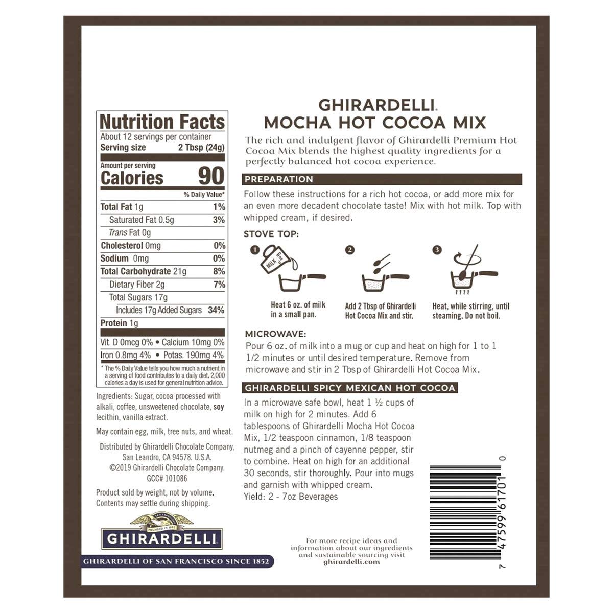 Ghirardelli hot cocoa mocha powder closeup highlights rich chocolate texture for cozy servings.