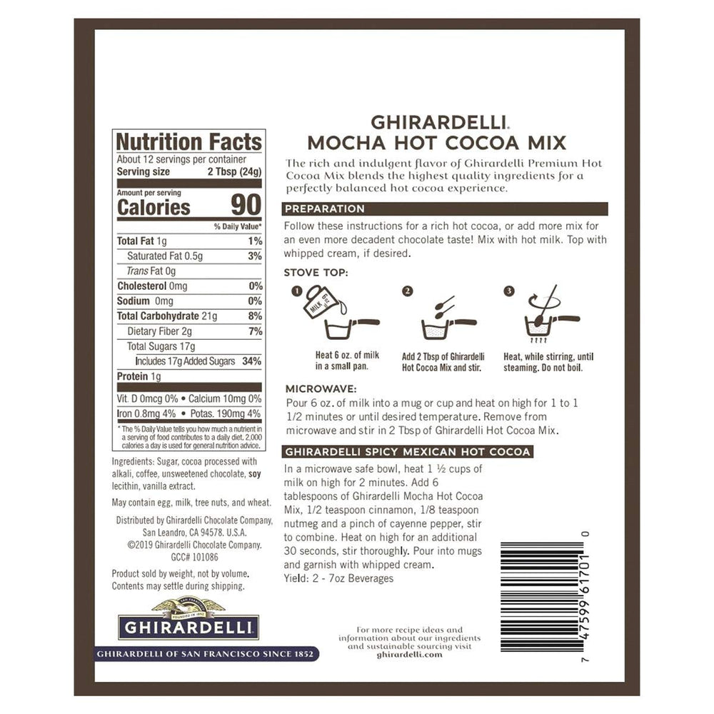 Ghirardelli hot cocoa mocha powder closeup highlights rich chocolate texture for cozy servings.