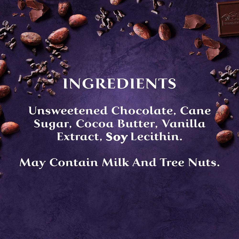 Ghirardelli Intense Dark 72% bar closeup melt; smooth texture enhances slow melting.