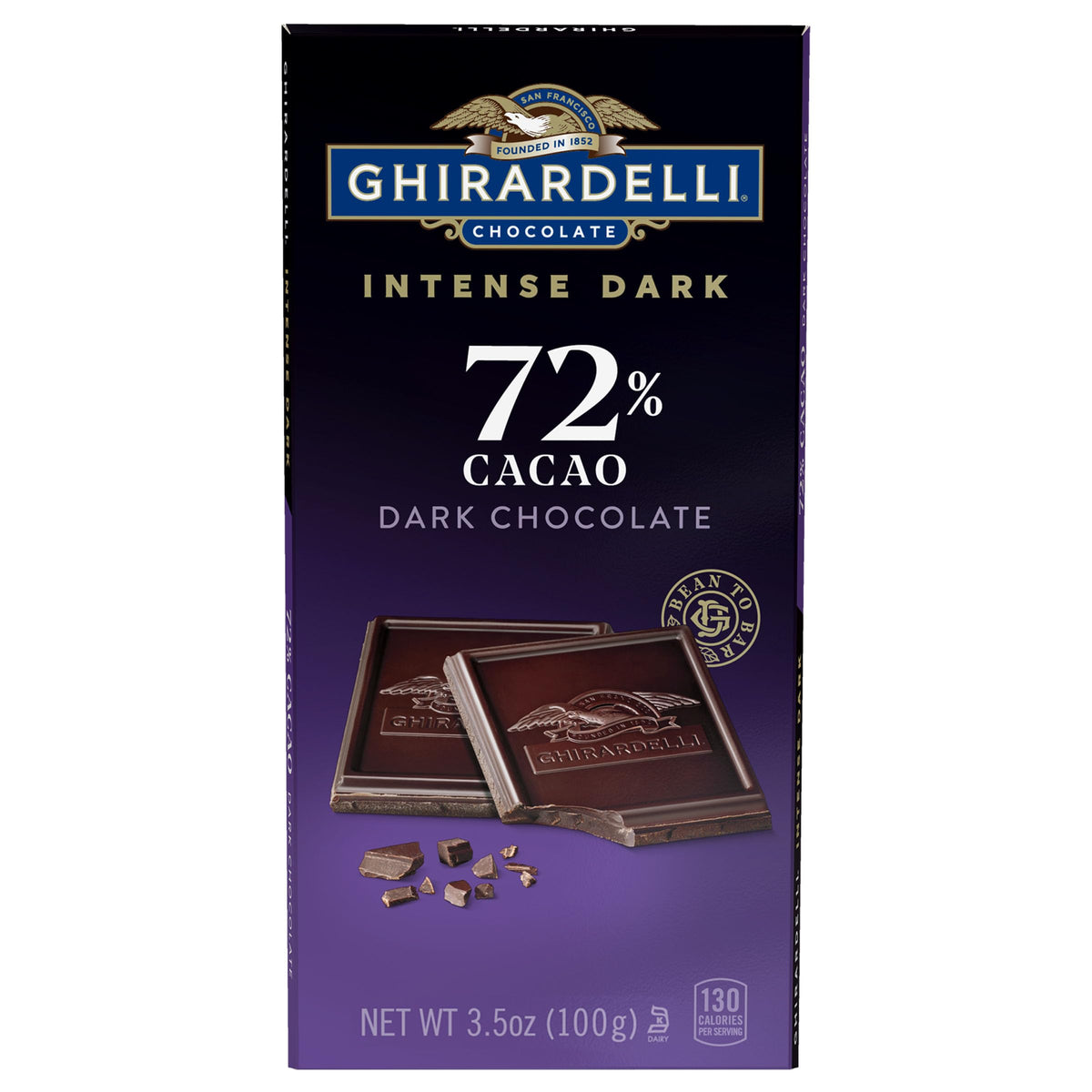 Ghirardelli Intense Dark 72% bar front view; premium cacao for a bold flavor.