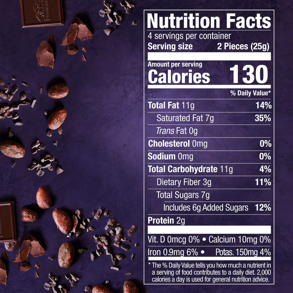 Ghirardelli Intense Dark 72% bar sliced open; reveals rich interior for tasting.