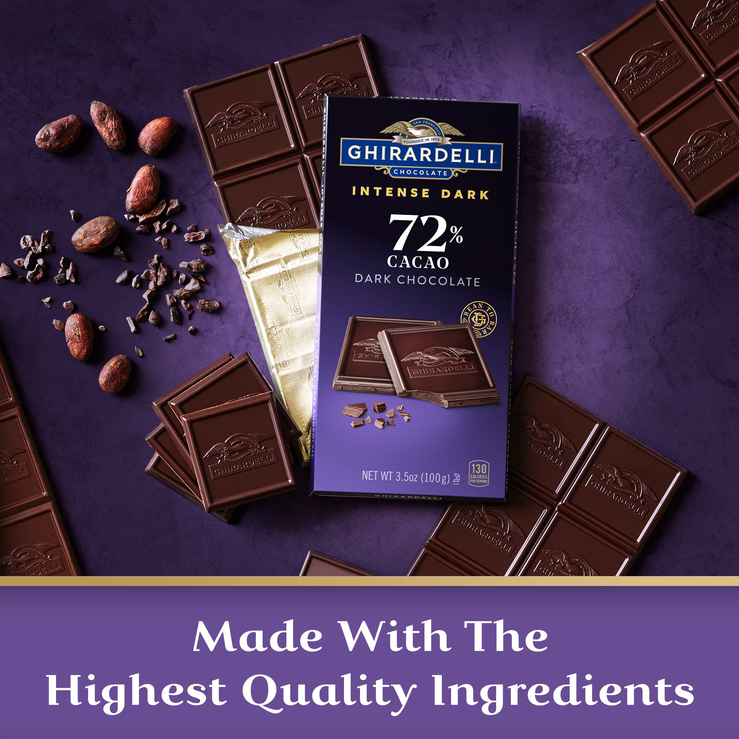 Ghirardelli intense dark 72% cacao beans reflects premium cocoa quality at home