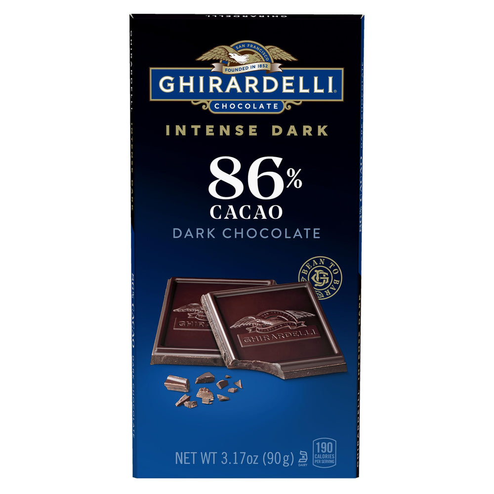 GHIRARDELLI Intense Dark 86% bar front view, glossy surface ideal for mindful savoring.