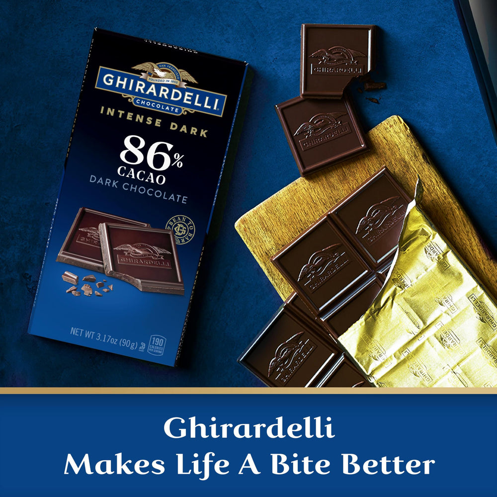 GHIRARDELLI Intense Dark 86% bar kosher certification seal visible.