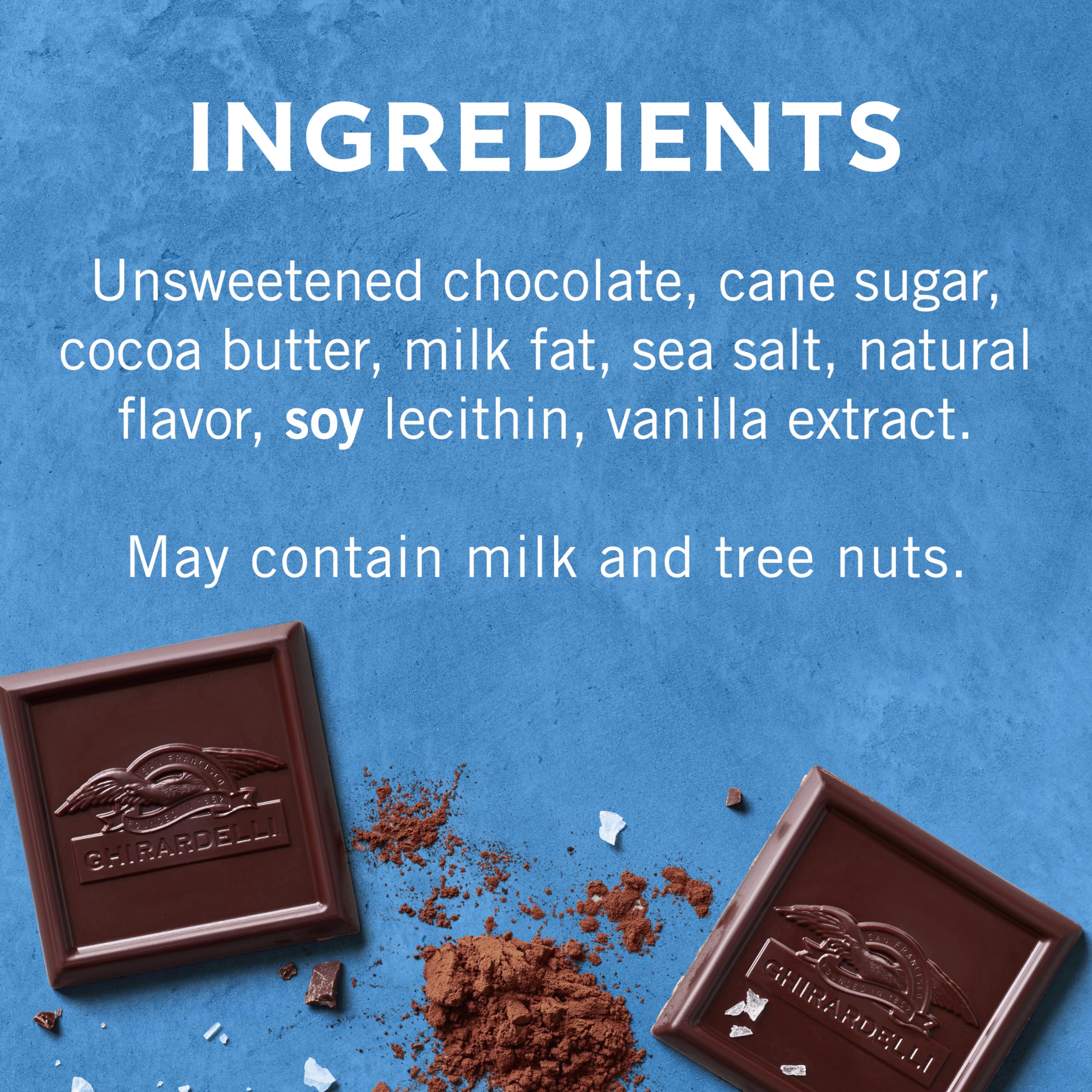 Premium cacao and kosher-certified ingredients highlighted on the bar.