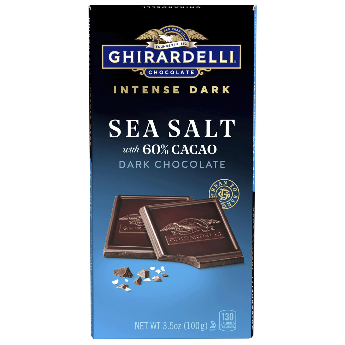 Ghirardelli Intense Dark Sea Salt 60% cacao bar with rich chocolate and balanced salt.