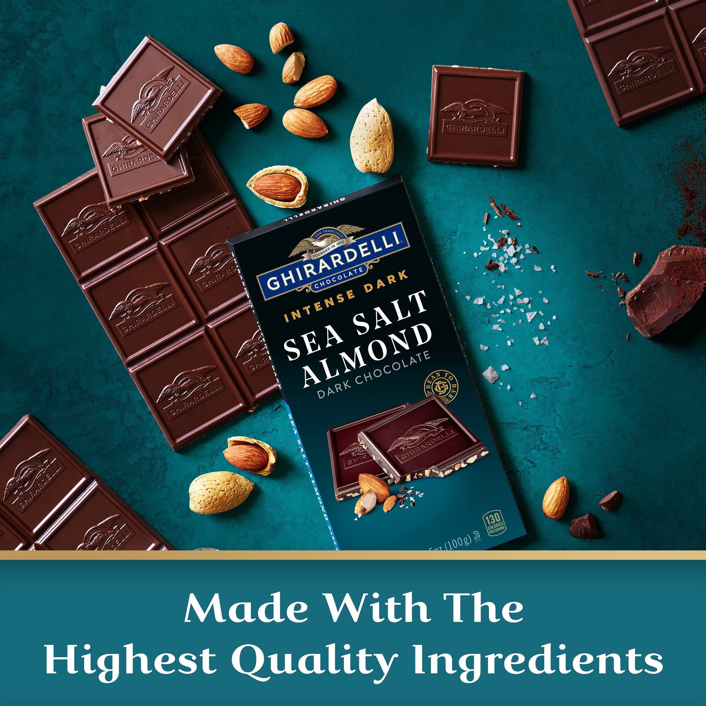 Ghirardelli Intense Dark Sea Salt Almond bar highlights roasted almonds.