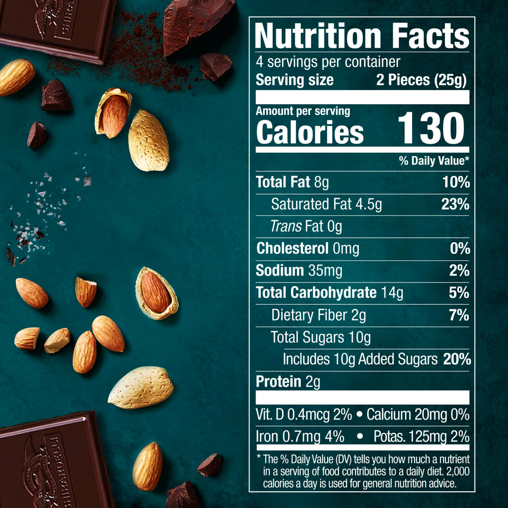 Sliced Ghirardelli Intense Dark Sea Salt Almond bar for sharing at gatherings.