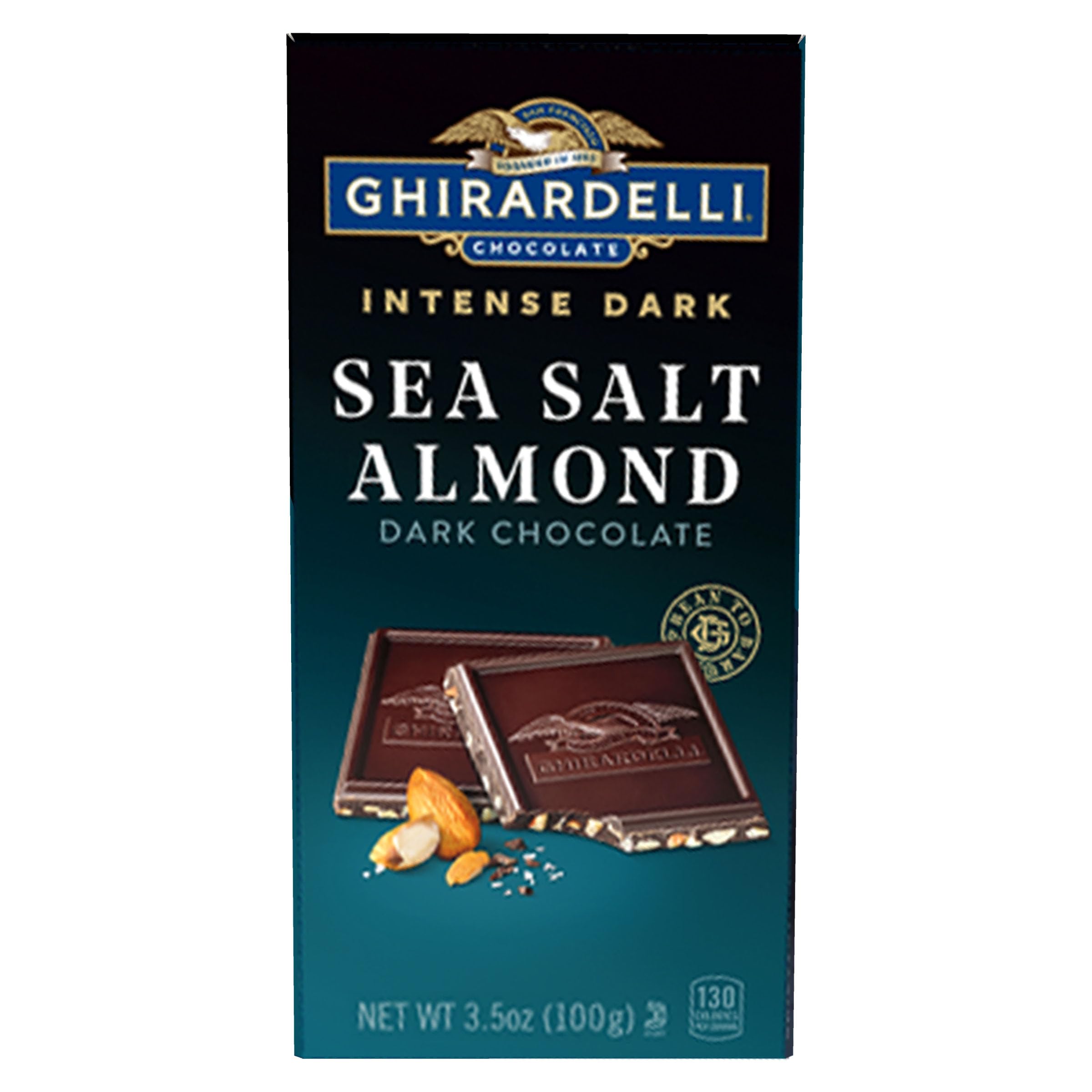 Ghirardelli Intense Dark Sea Salt Almond bar showcases bold flavor with crunchy almonds.