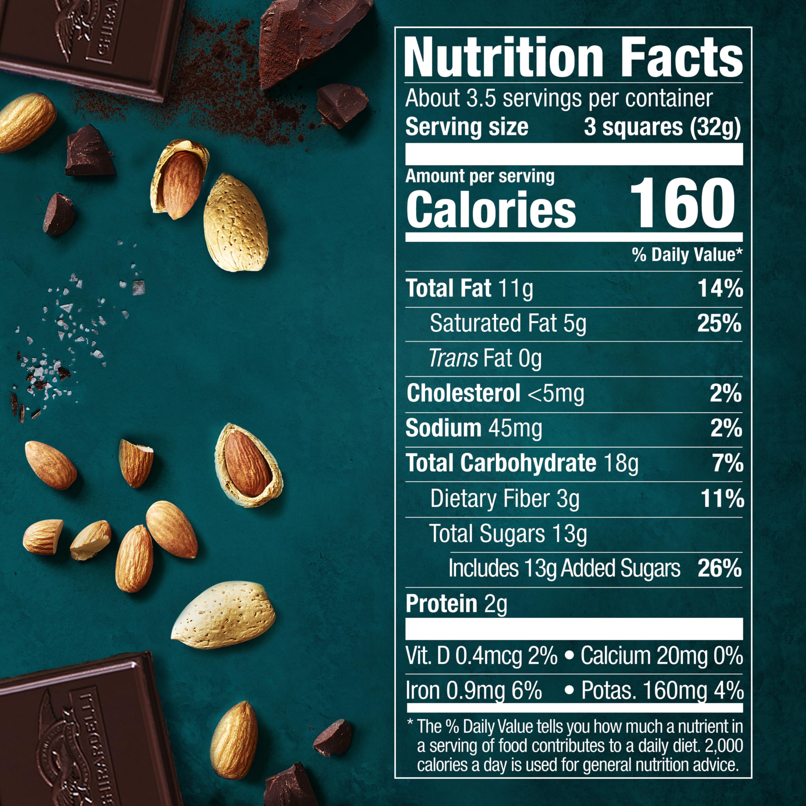 Close-up of chocolate square highlights roasted almonds and sea salt for a bold, balanced bite.