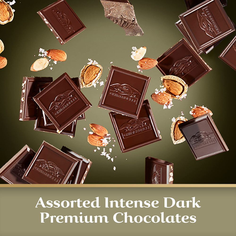 Ghirardelli Intense Dark Squares close-up, glossy texture.