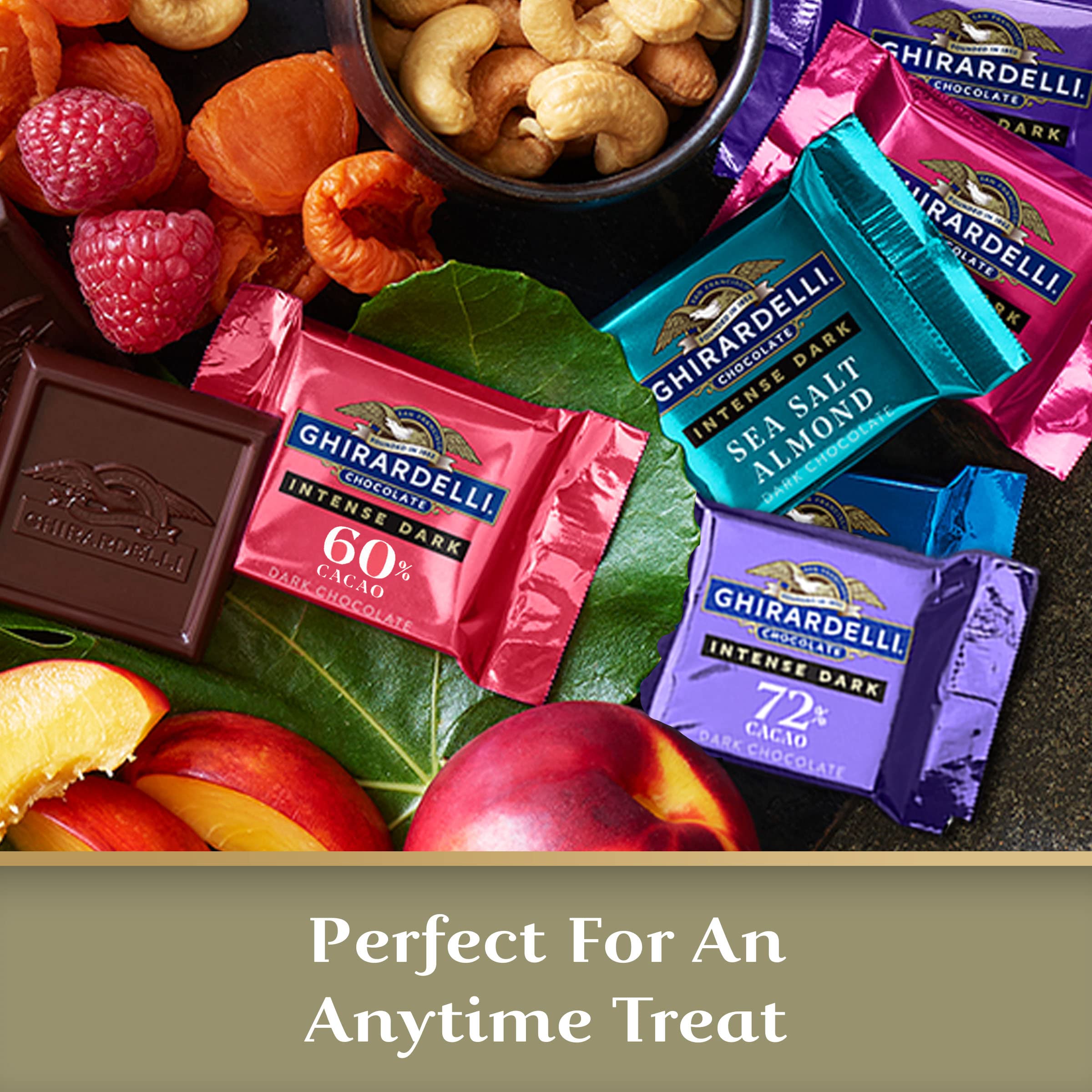 Ghirardelli intense dark variety close-up cocoa detail for premium chocolate lovers.