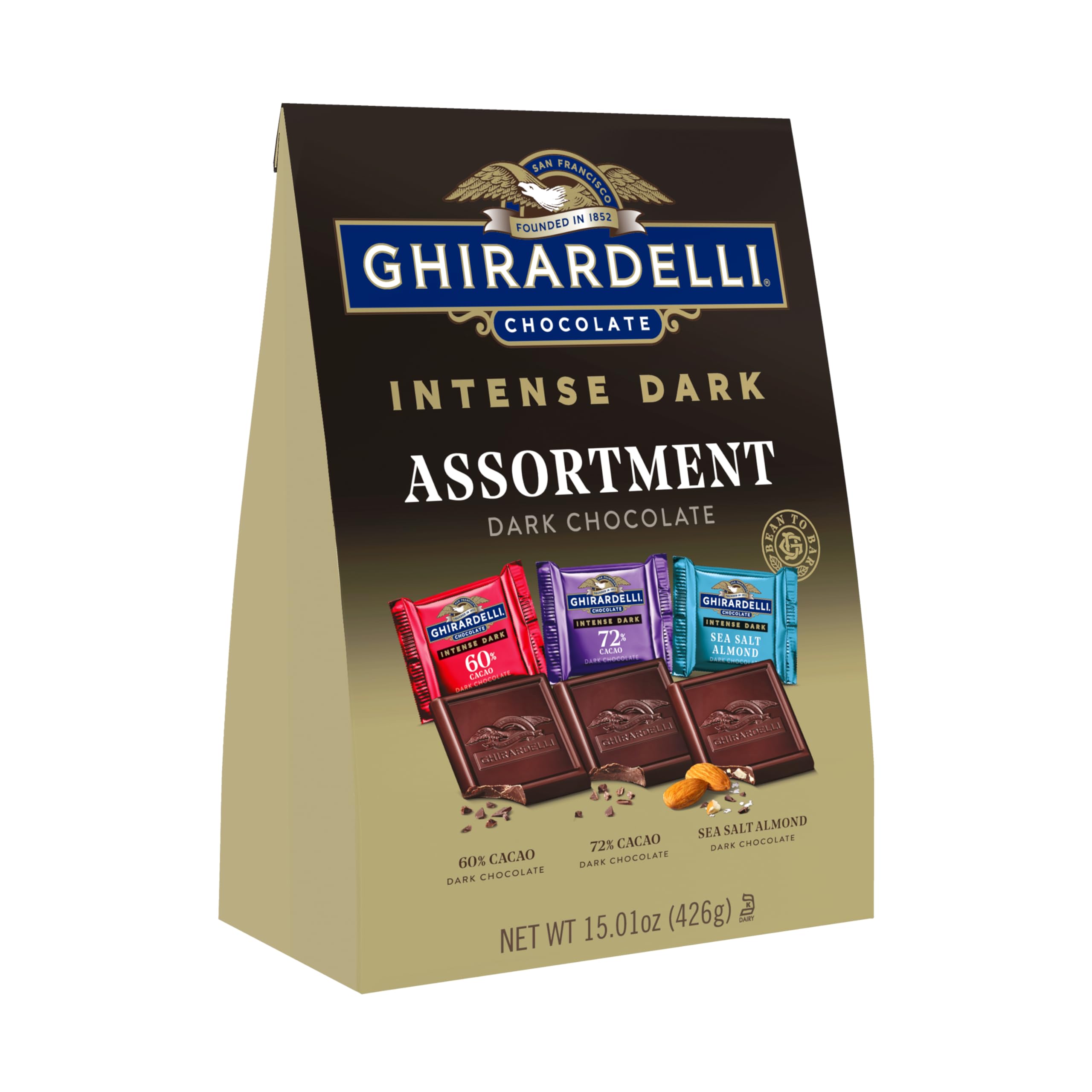 Ghirardelli Intense Dark Twilight Delight 72% cacao bars for bold flavor connoisseurs.