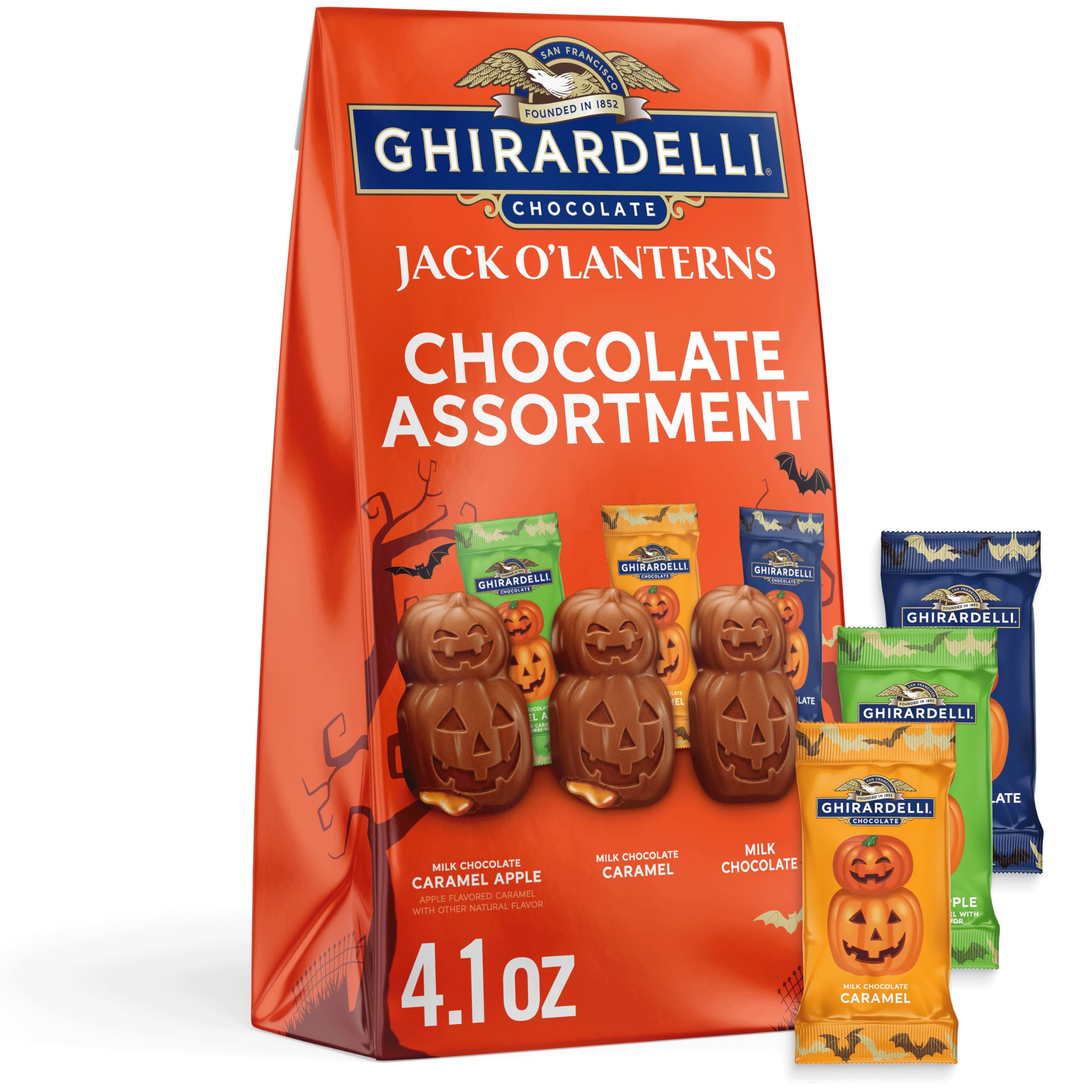 Ghirardelli Jack O’ Lanterns in bag, ideal for Halloween candy bowls.