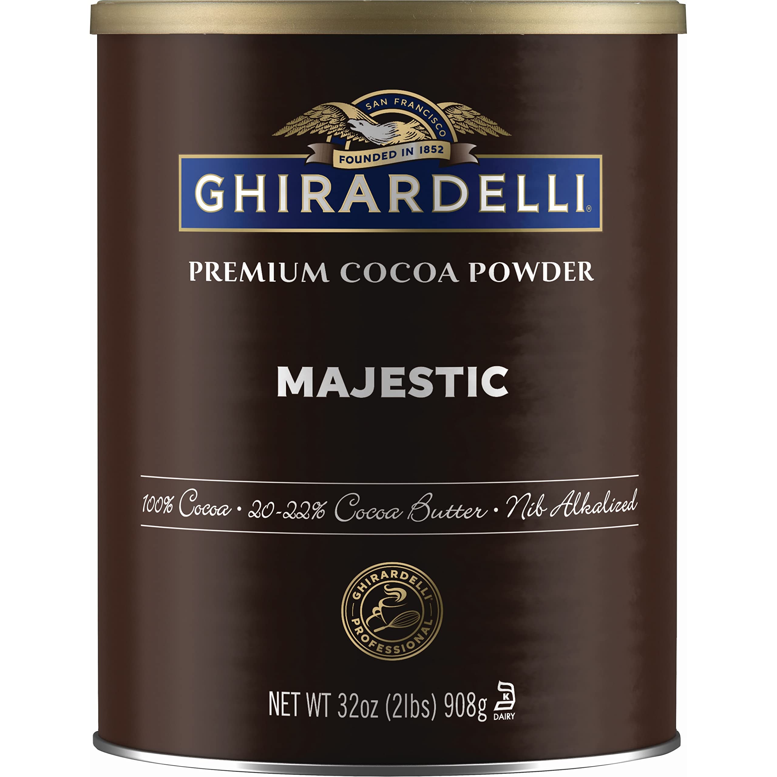 Ghirardelli Majestic Dutch Processed Cocoa Powder front packaging for premium unsweetened baking cocoa.