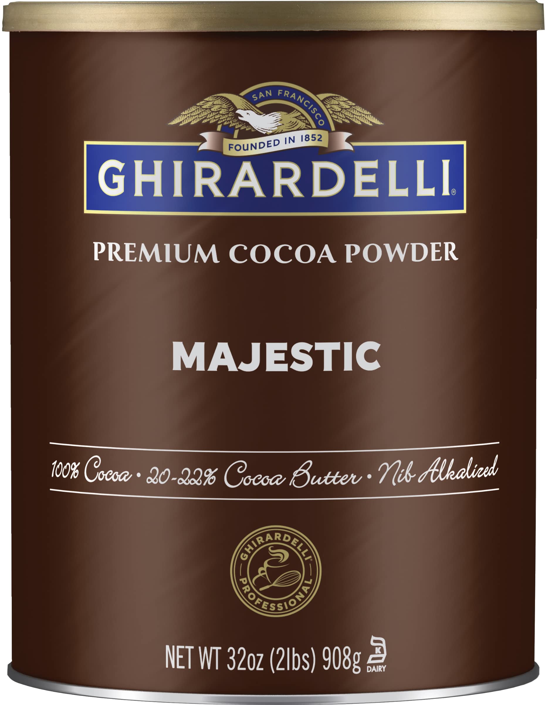 Ghirardelli Majestic Premium Cocoa Powder can front view for premium baking