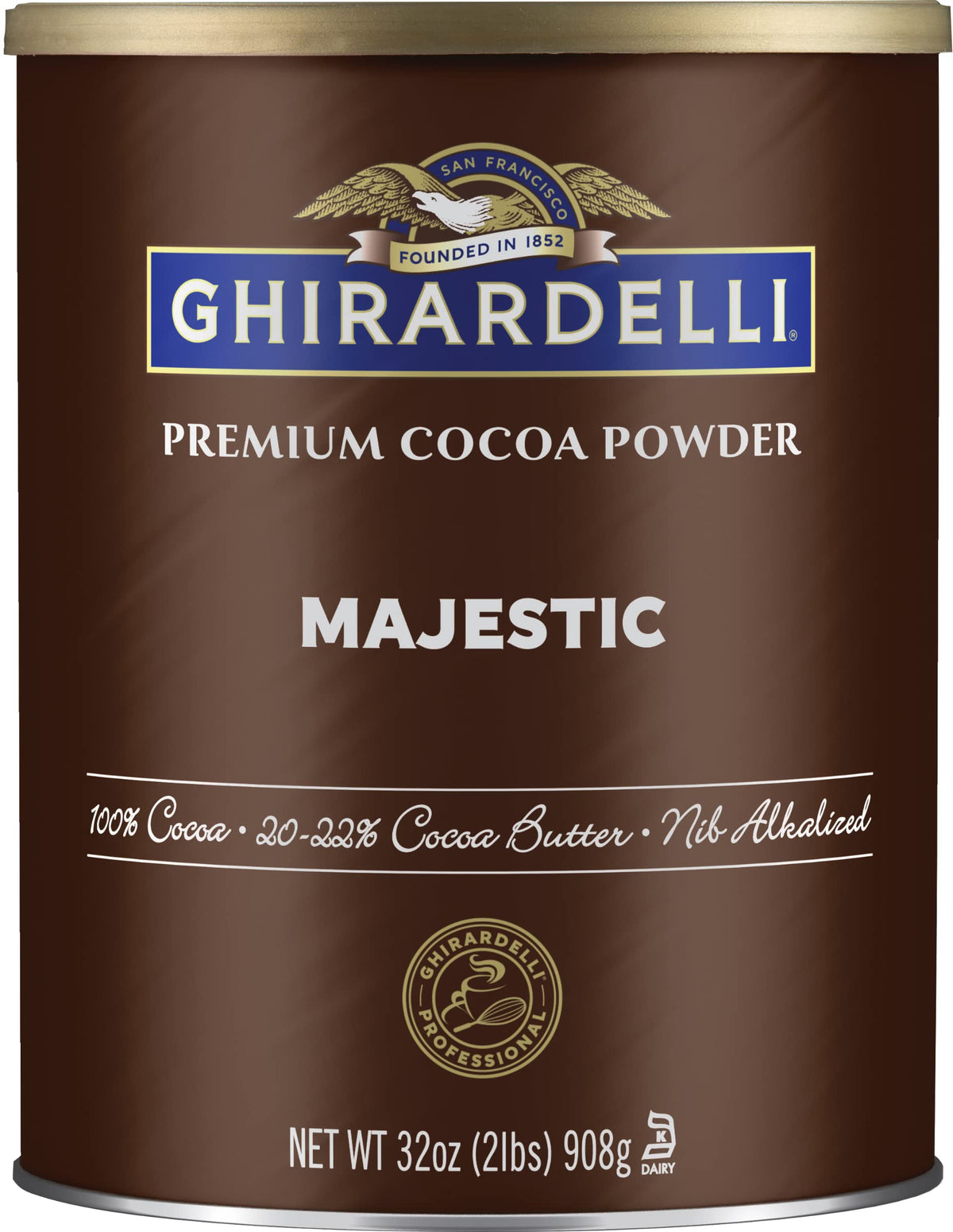 Ghirardelli Majestic Premium Cocoa Powder can front view for premium baking