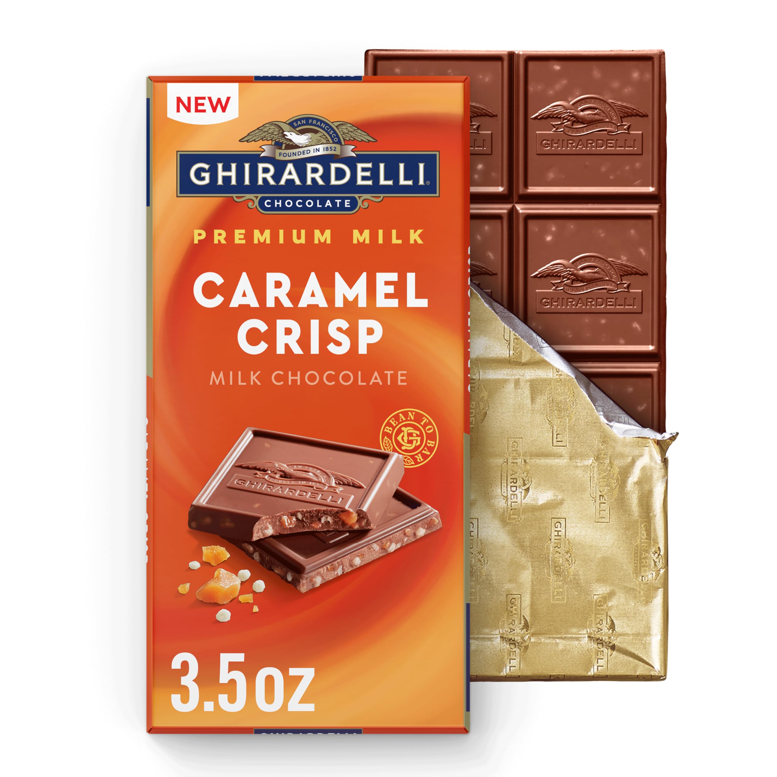 Ghirardelli Milk Chocolate Caramel Crisp Bar package ready for gifting and sharing.