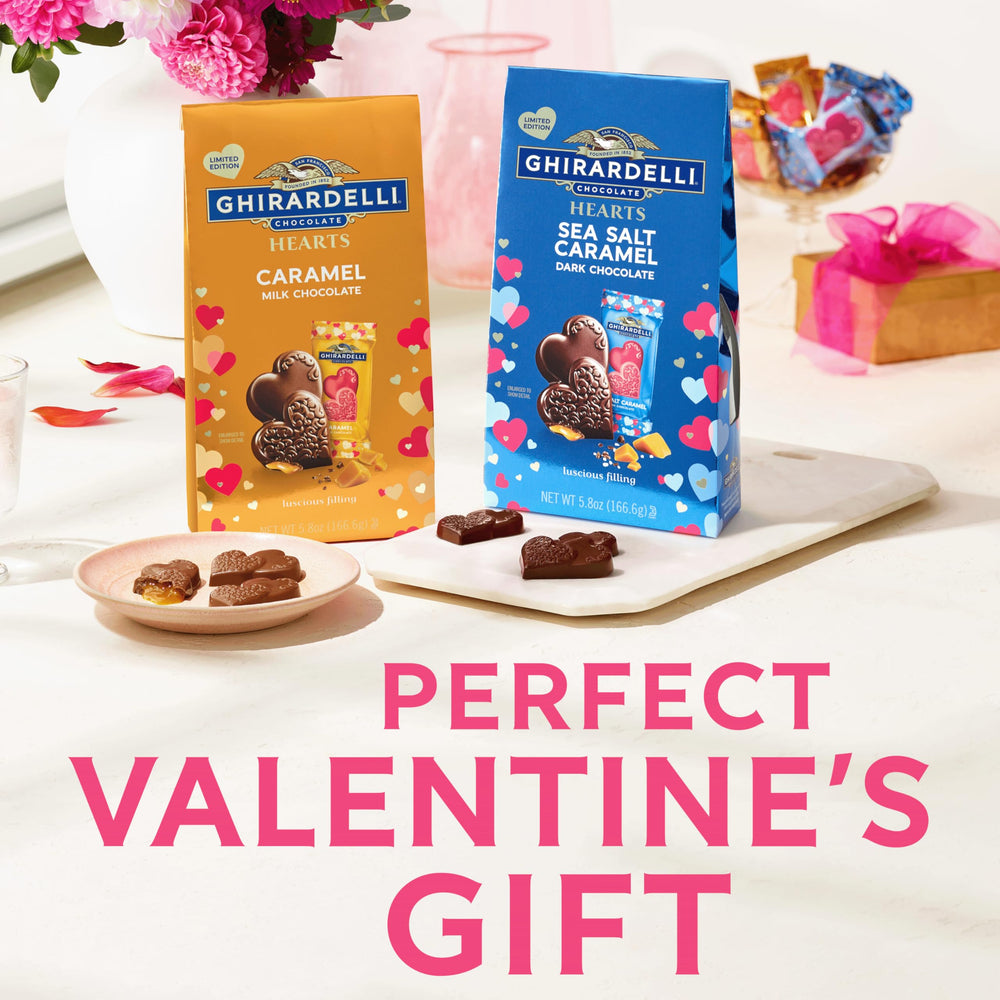 Milk chocolate caramel hearts melt slowly, offering a premium tasting moment.