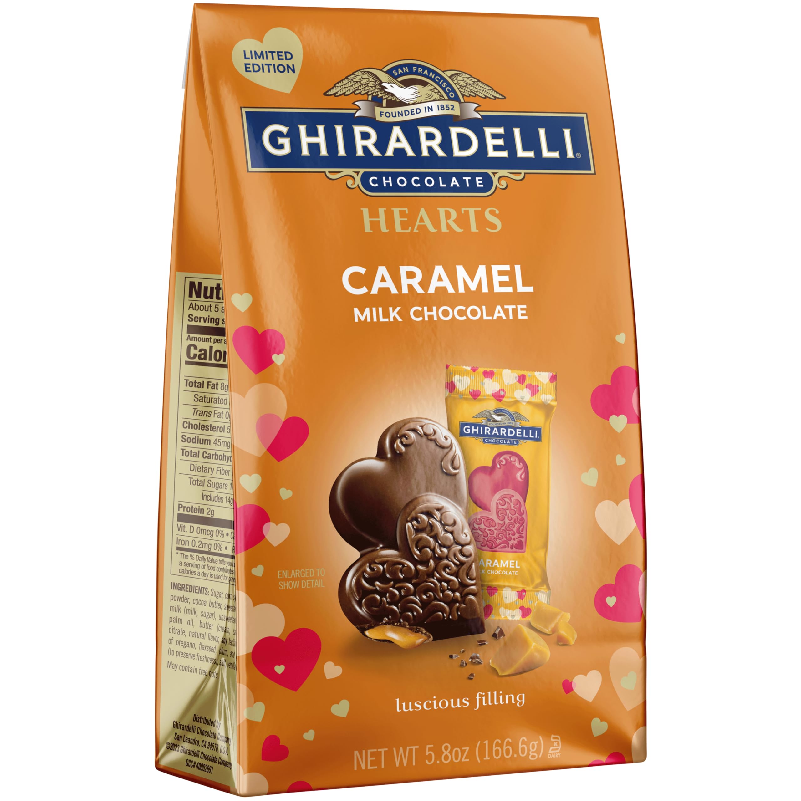 Ghirardelli milk chocolate caramel hearts packaging front, ideal for gifting.