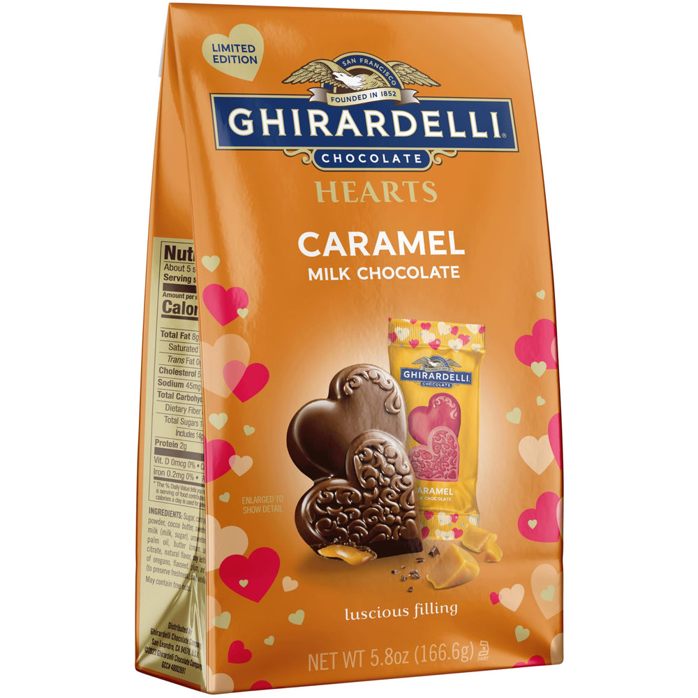 Ghirardelli milk chocolate caramel hearts packaging front, ideal for gifting.