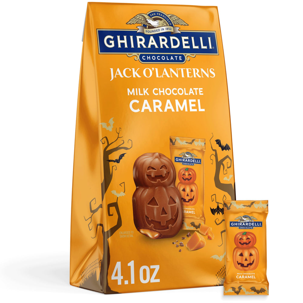Ghirardelli milk chocolate caramel jack-o-lanterns in a 4.1 oz bag; premium Halloween candy.