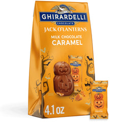 Ghirardelli milk chocolate caramel jack-o-lanterns in a 4.1 oz bag; premium Halloween candy.