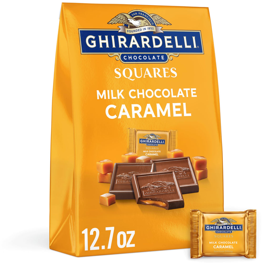 Ghirardelli Milk Chocolate Caramel Squares bag shows premium packaging for gifting.