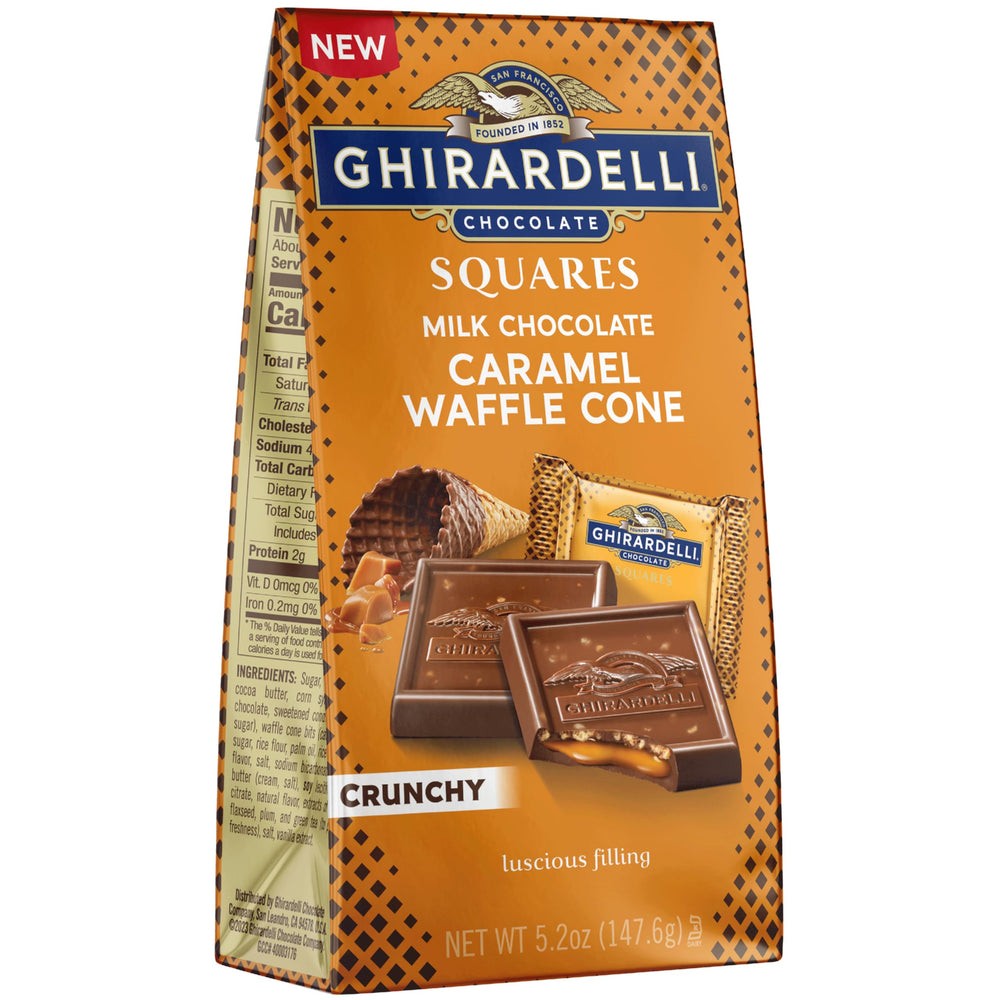 Ghirardelli Milk Chocolate Caramel Waffle Squares pack, ideal for sharing.