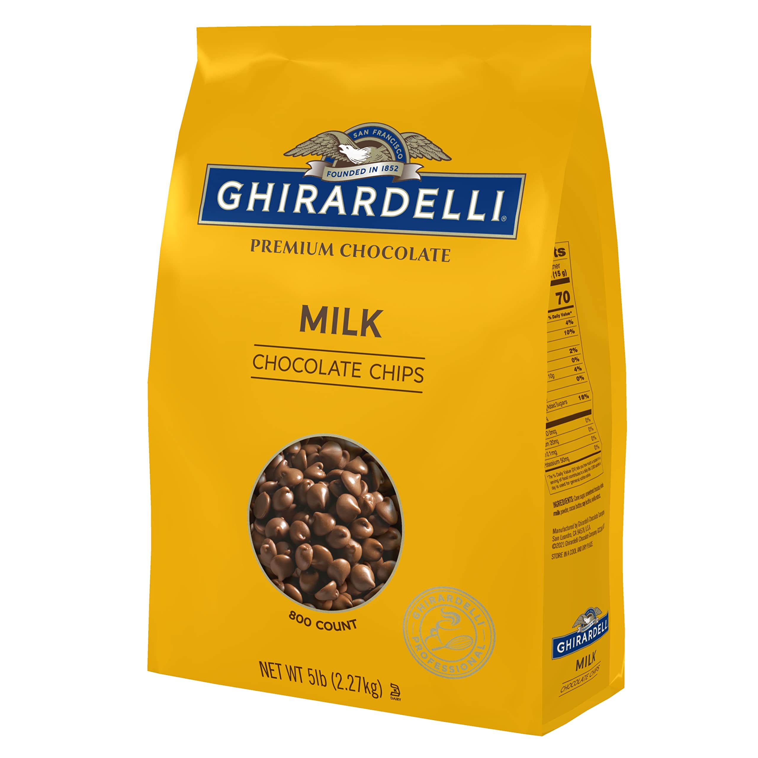 Ghirardelli milk chocolate chips in a 5 lb bag for baking