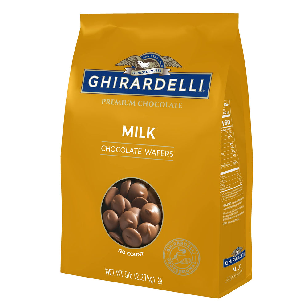 Ghirardelli milk chocolate wafers 5lb bag – ideal for melting and baking.
