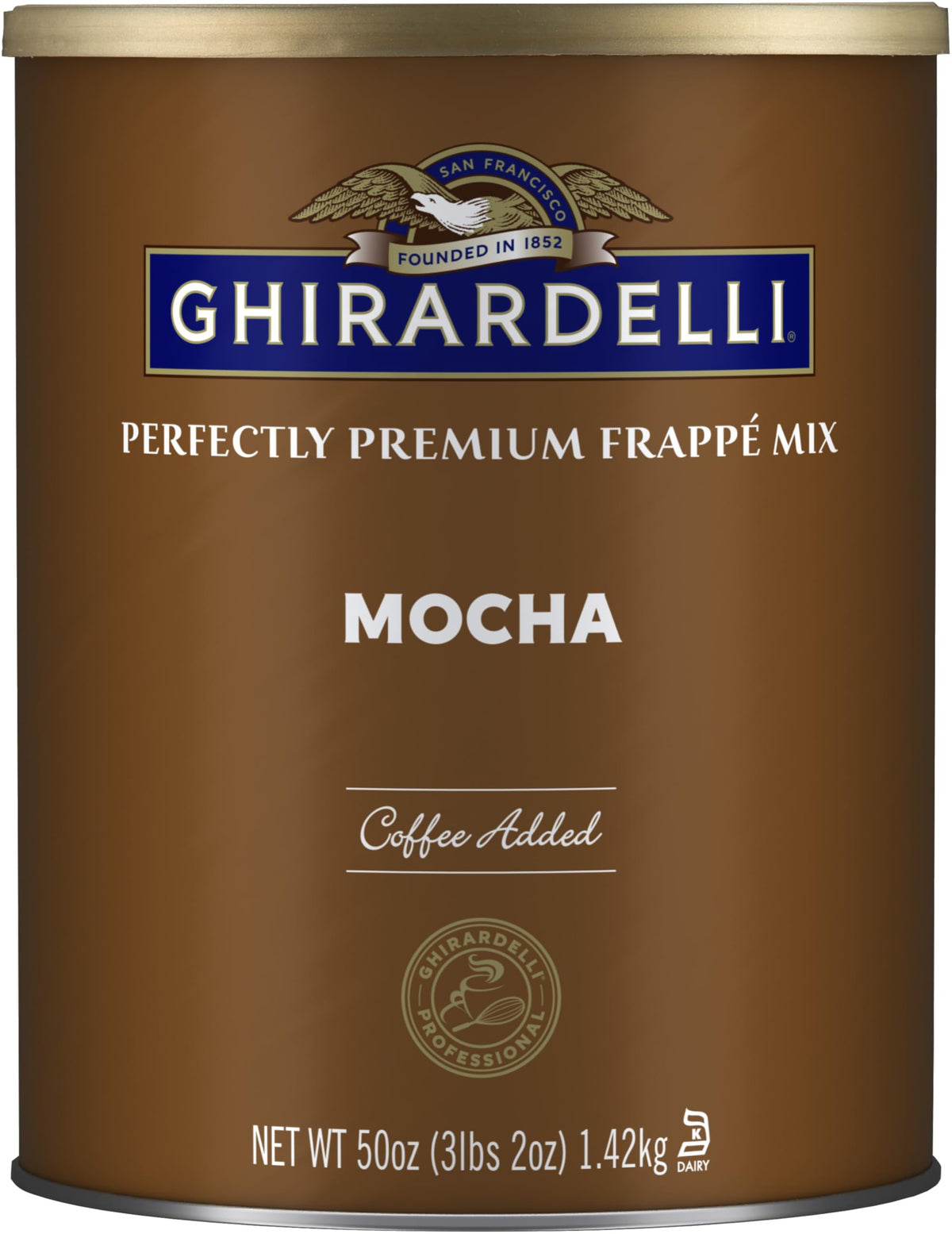Ghirardelli Mocha Frappe powder can for premium iced coffee base