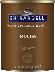 Ghirardelli Mocha Frappe powder can for premium iced coffee base
