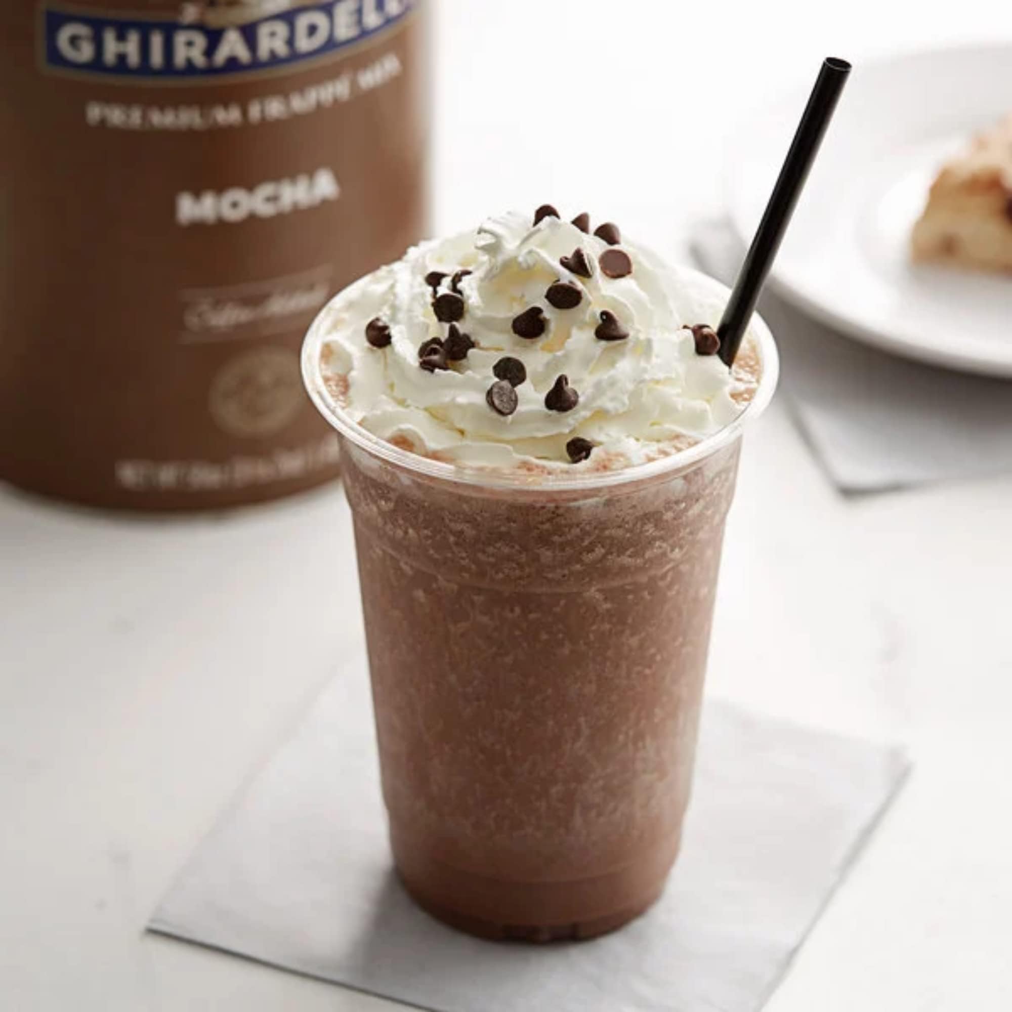 Ghirardelli Mocha Frappe powder cup showcases creamy café-style drink