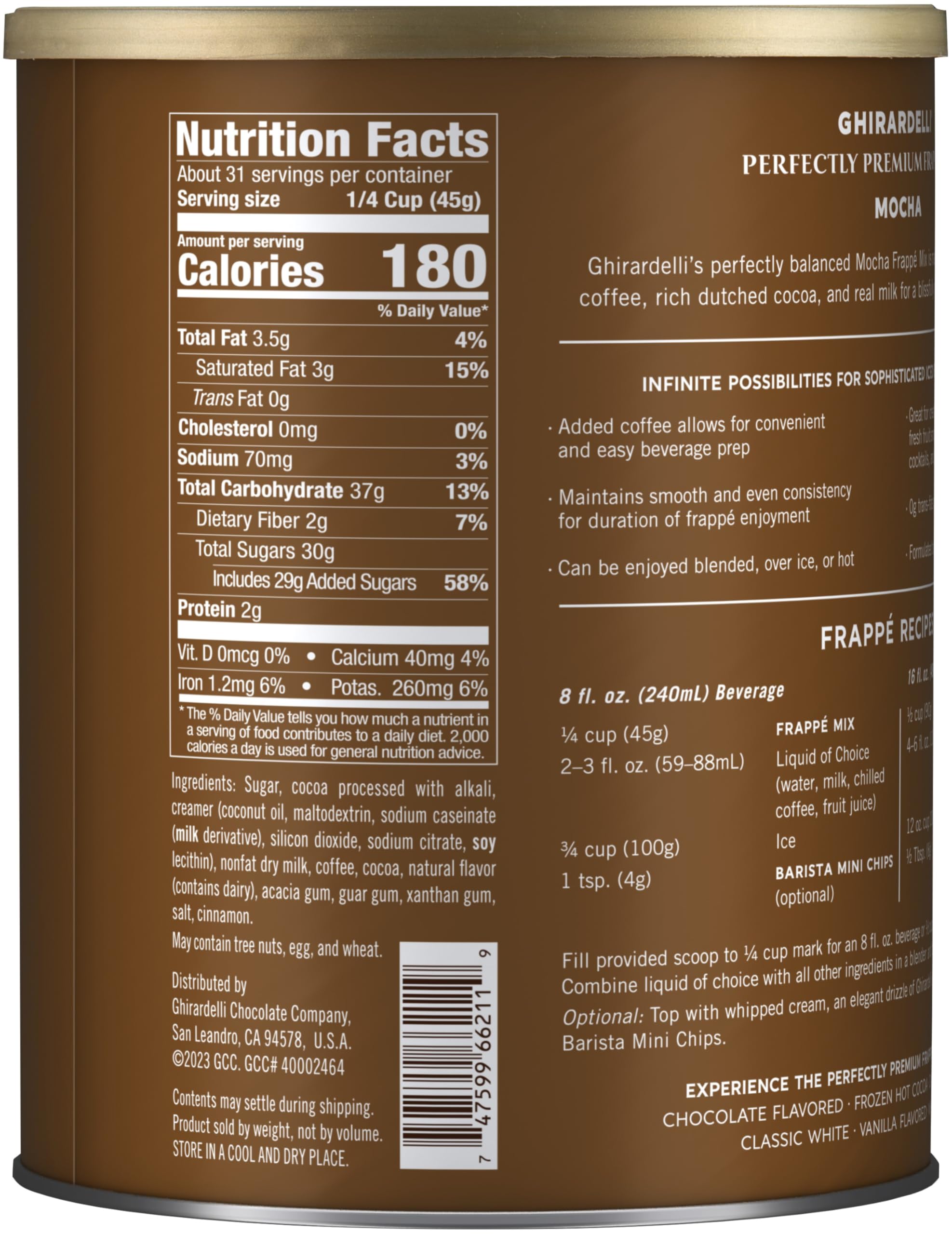 Ghirardelli Mocha Frappe powder pouring into blender for smooth consistency