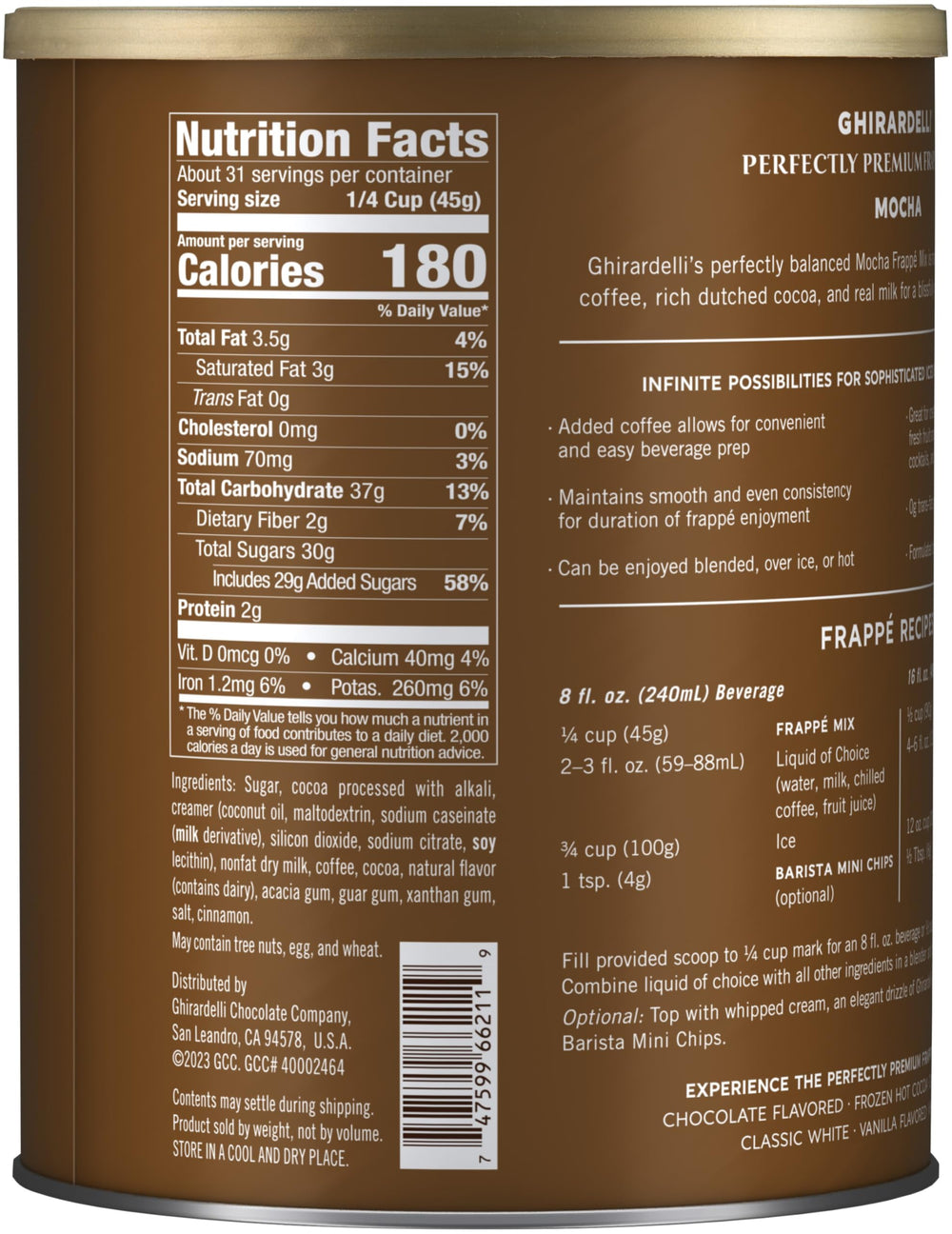 Ghirardelli Mocha Frappe powder pouring into blender for smooth consistency