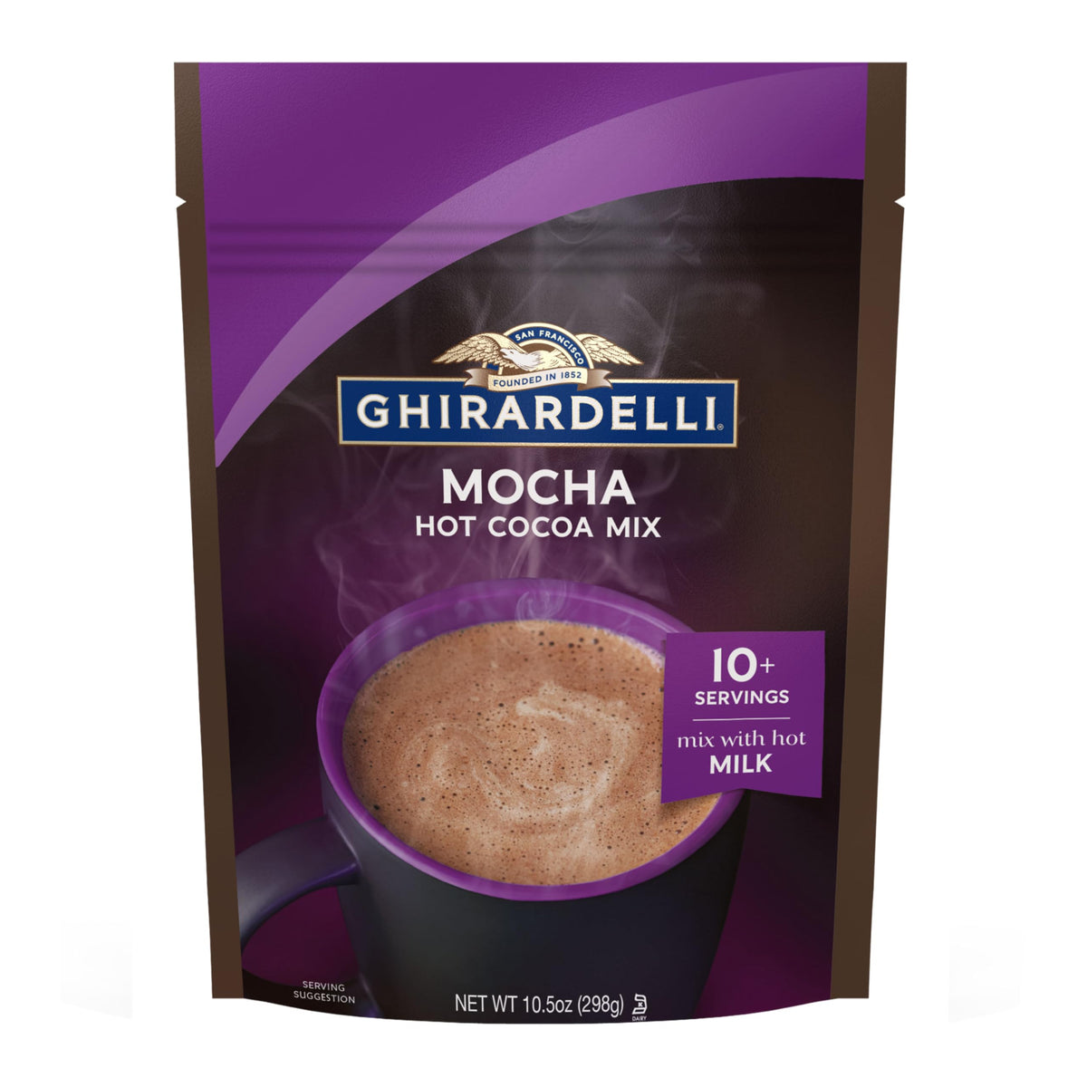 Ghirardelli Mocha Hot Cocoa Mix canister on kitchen counter for cozy evenings.