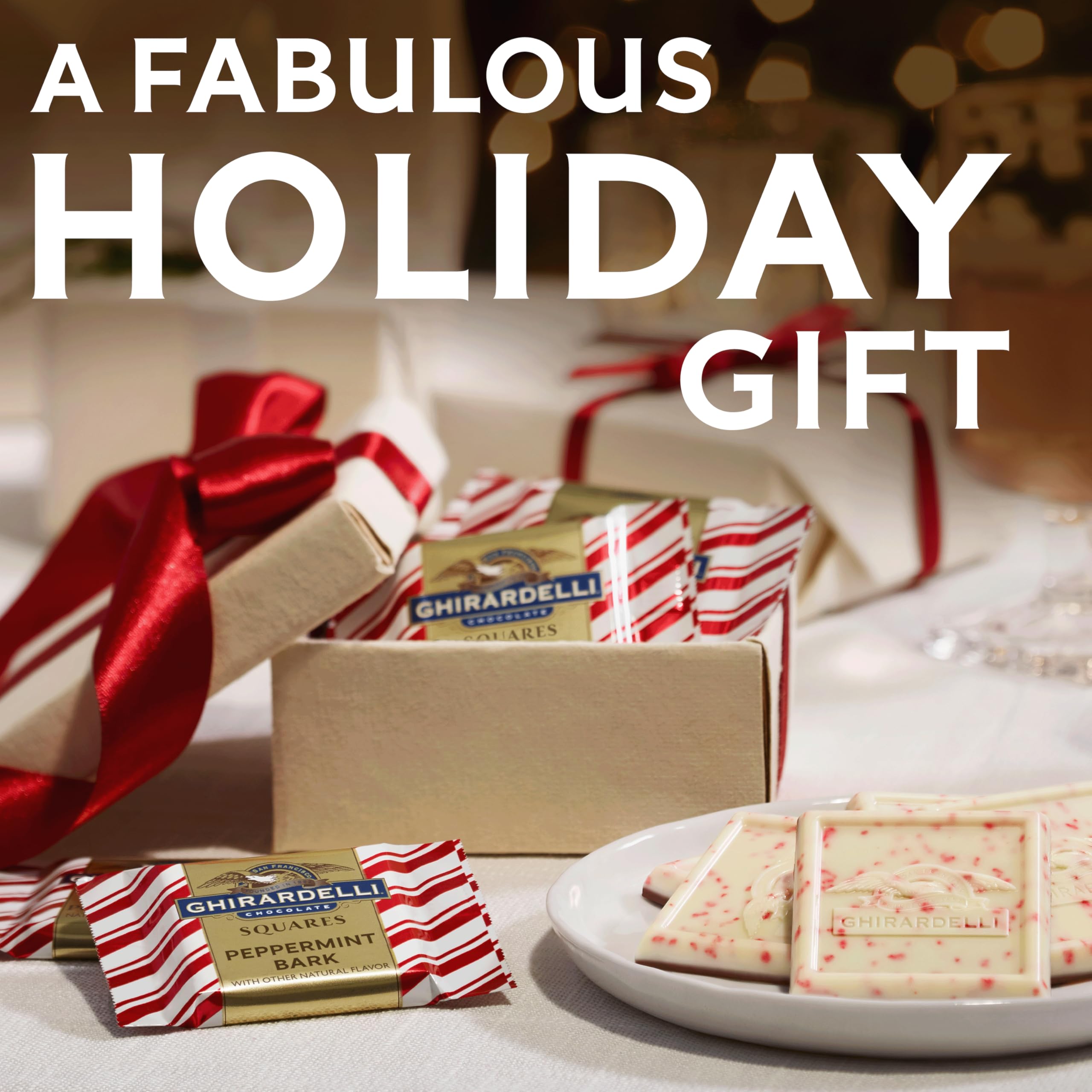 Two chocolate layers with peppermint specks visible in each Ghirardelli square