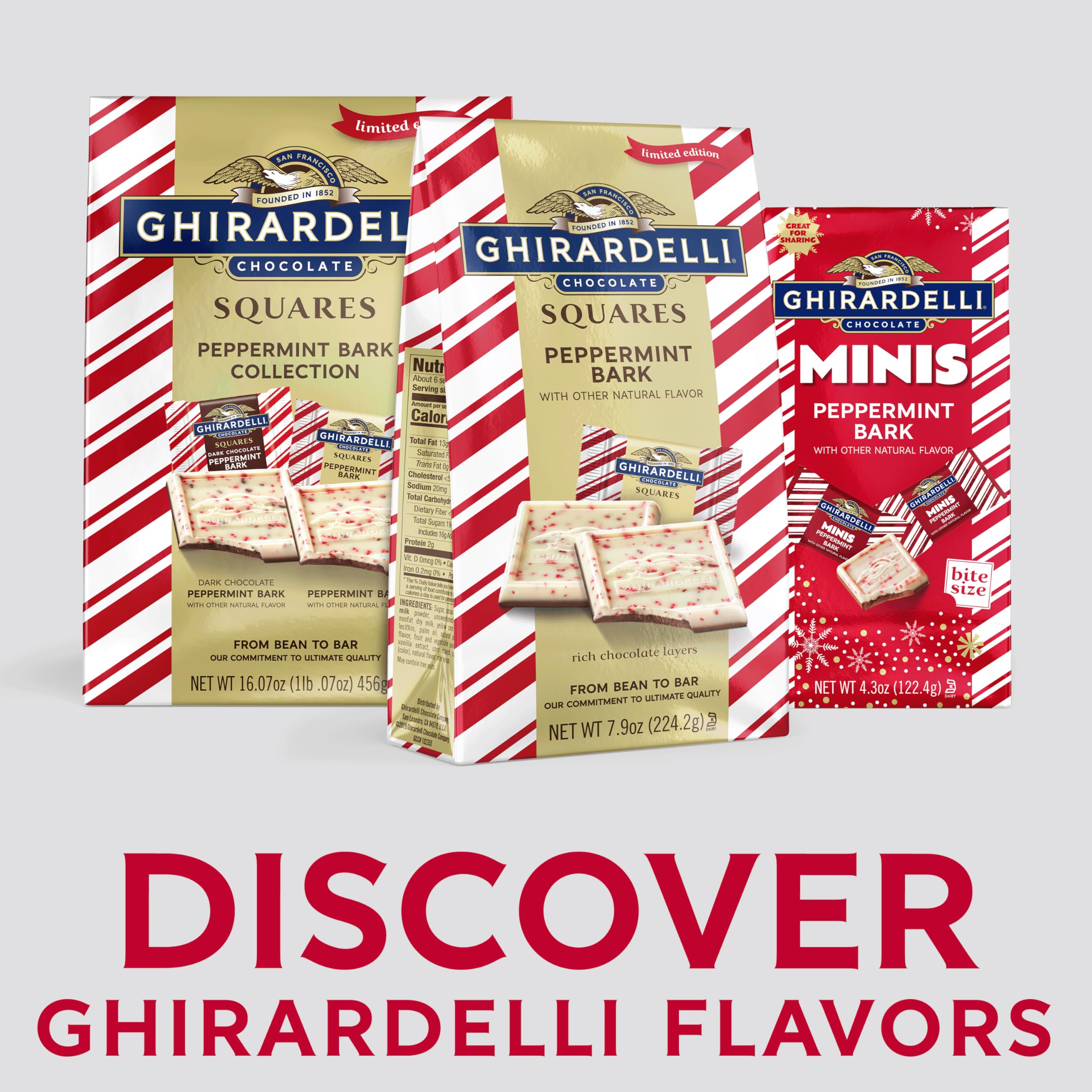 Festive gold-wrapped Ghirardelli Peppermint Bark adds a premium touch