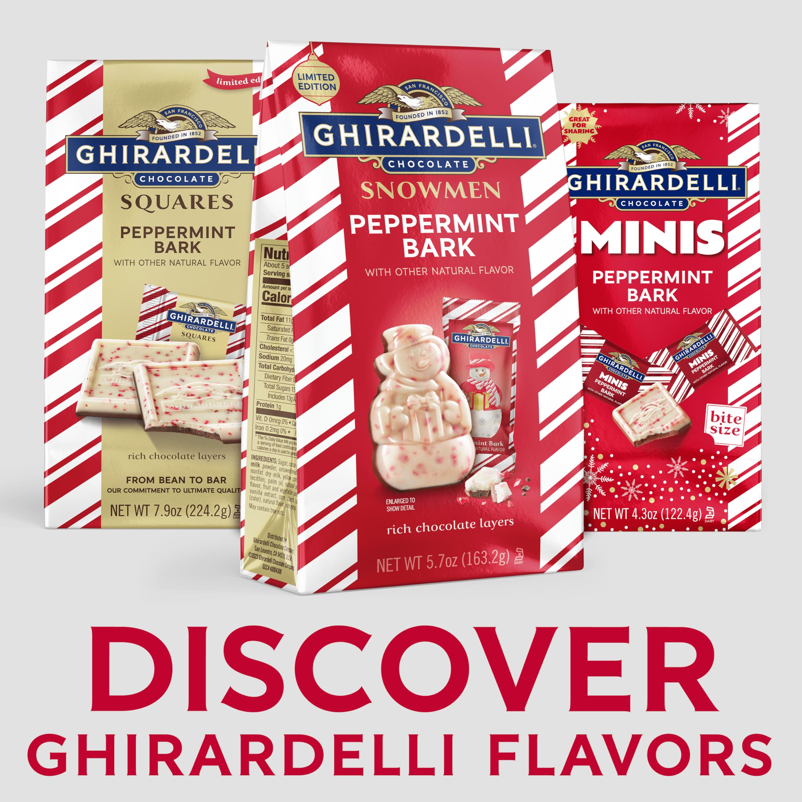 Ghirardelli Peppermint Bark Snowmen wrapped illustrate freshness for stocking stuffers and party favors.