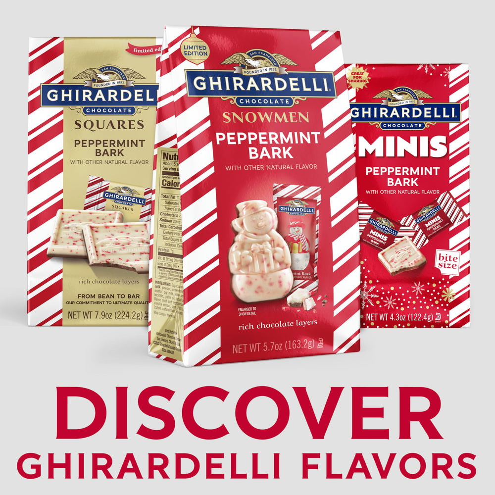 Ghirardelli Peppermint Bark Snowmen wrapped illustrate freshness for stocking stuffers and party favors.