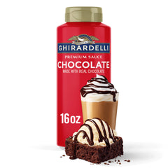 Ghirardelli Premium Chocolate Sauce 16 oz bottle ready to drizzle over desserts.