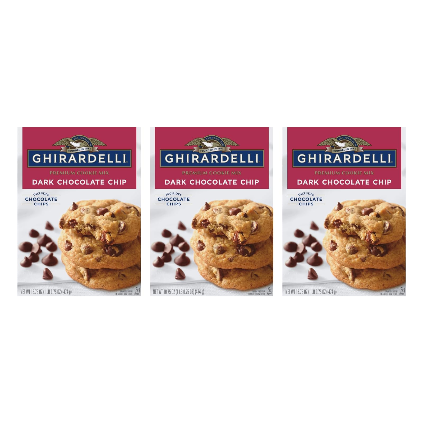 Ghirardelli Premium Cookie Mix bag close-up highlighting rich dark chocolate chips for baking.