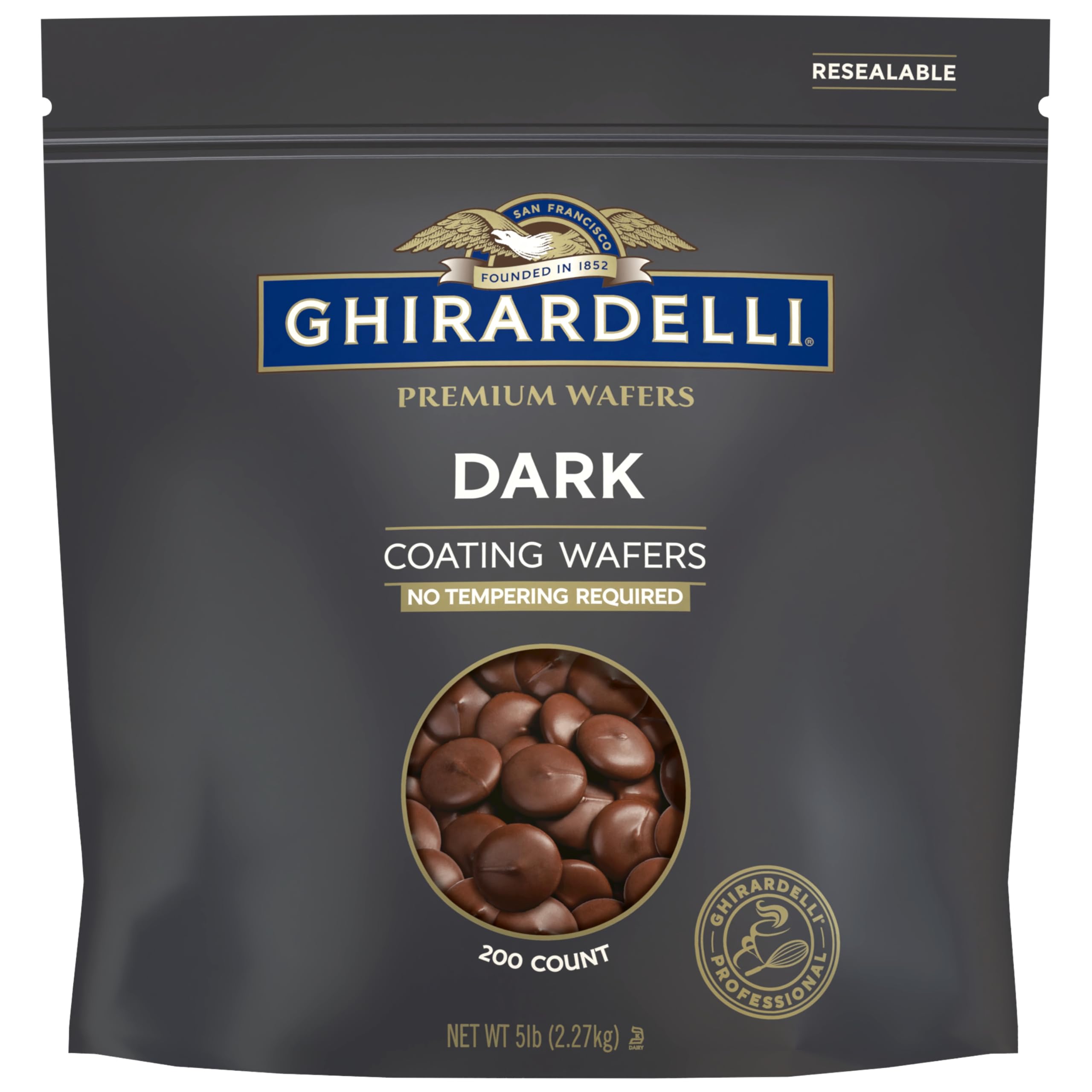 Ghirardelli Premium Dark Coating Wafers in a 5lb bag ready for professional use in the kitchen